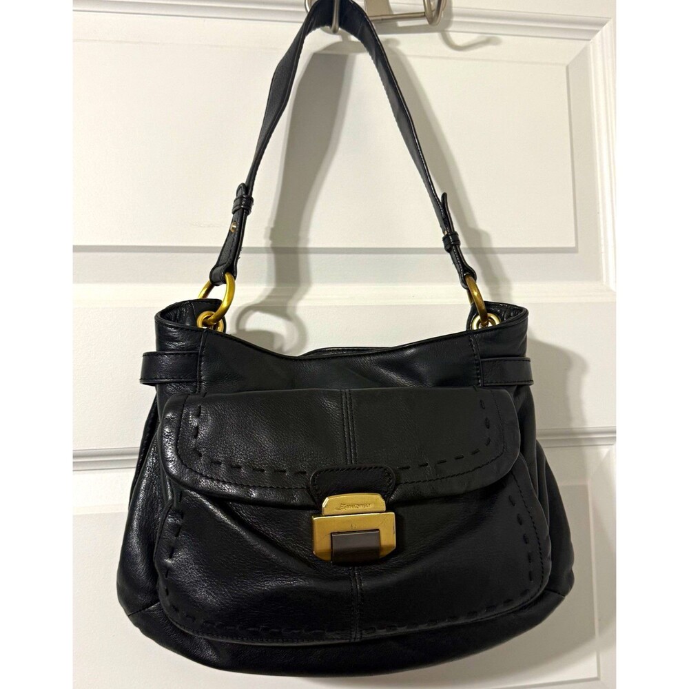 B. Makowsky Black Leather Shoulder Bag Gold Hardware Pebbled Buckle Leopard Y2K